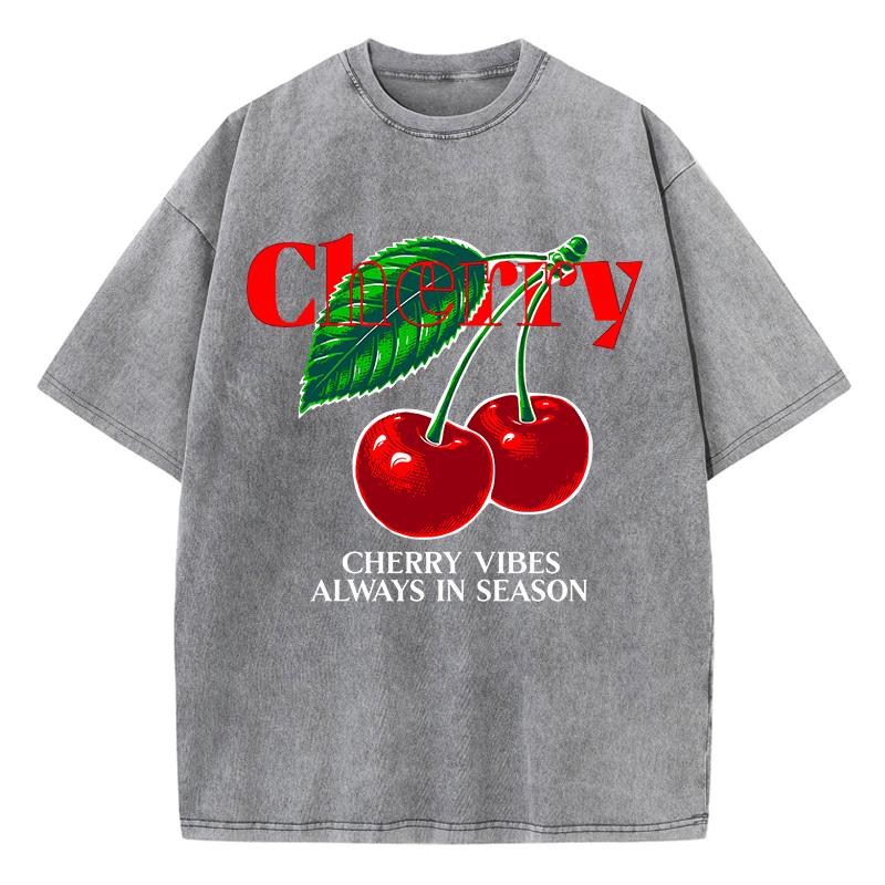 Повседневные женские футболки с кислотной стиркой, принты Cherry Vibes Always In Season, футболки с эффектом потертости, оверсайз, из хлопка, с коротким рукавом