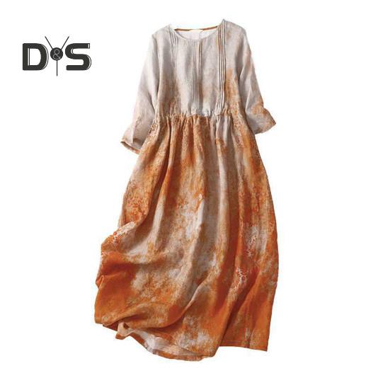 Женское летнее льняное платье больших размеров, повседневное платье-миди с цветочным принтом и круглым вырезом, рукавом 3/4, свободное струящееся пляжное платье-сарафан