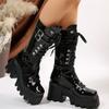 Fashion Fashion Chunky High Heel Mid Calf Boots Women Thick Bottom Patent Leather Punk Boots Woman Gothic Black Platform Combat Booties
