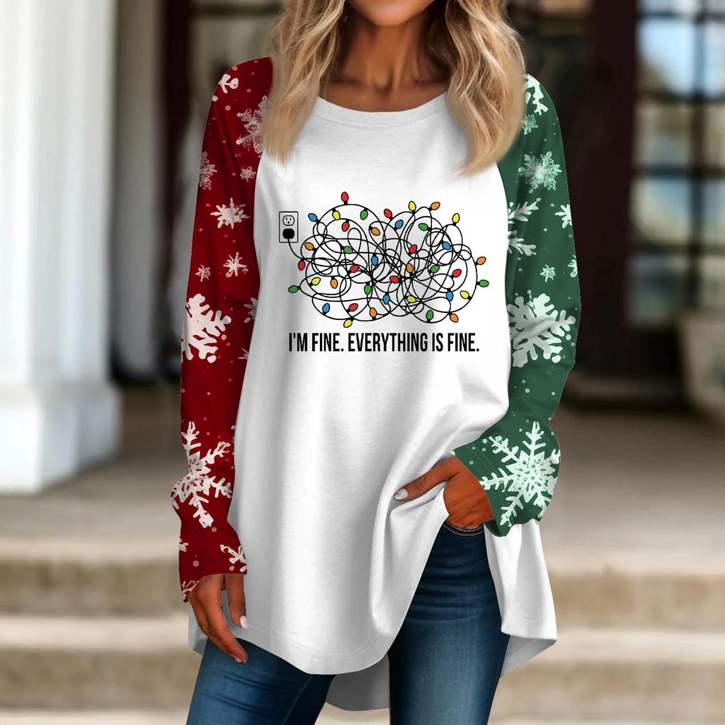 Women's Casual  Plus Size Long Sleeved Round Neck Christmas Printed T-shirt Top Pullover