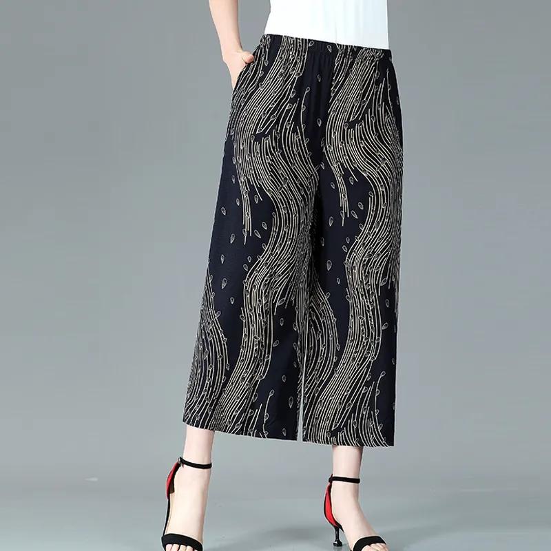 WTEMPO Женские широкие брюки из смеси хлопка и конопли большого размера, тонкие укороченные брюки с высокой талией и эластичным принтом для мамы