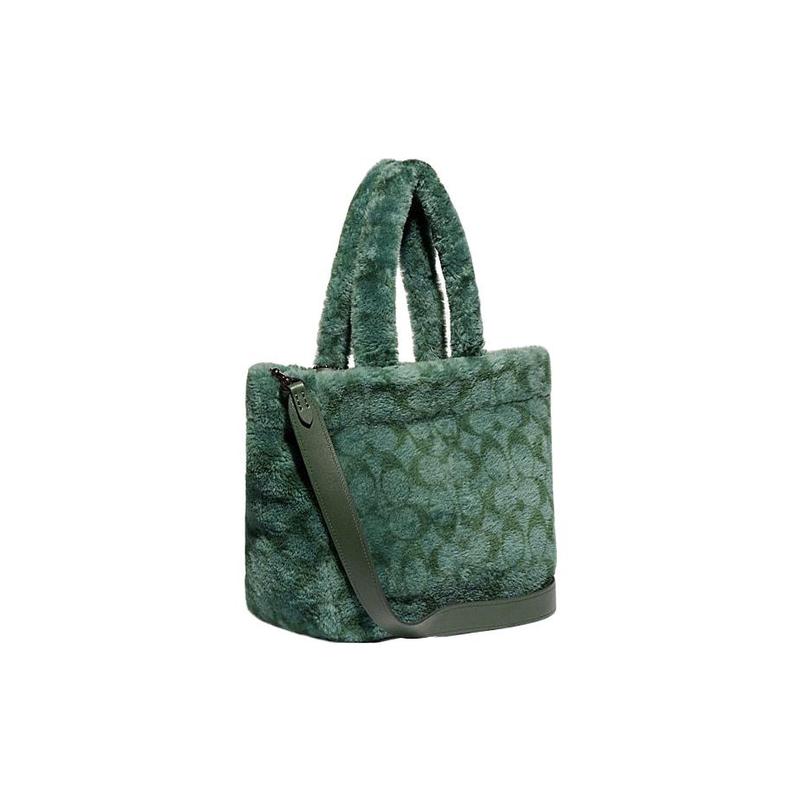 COACH 28 Classic old flower print zipper closure shearling tote bag tote bag shopping bag shoulder crossbody handbag large size women's green