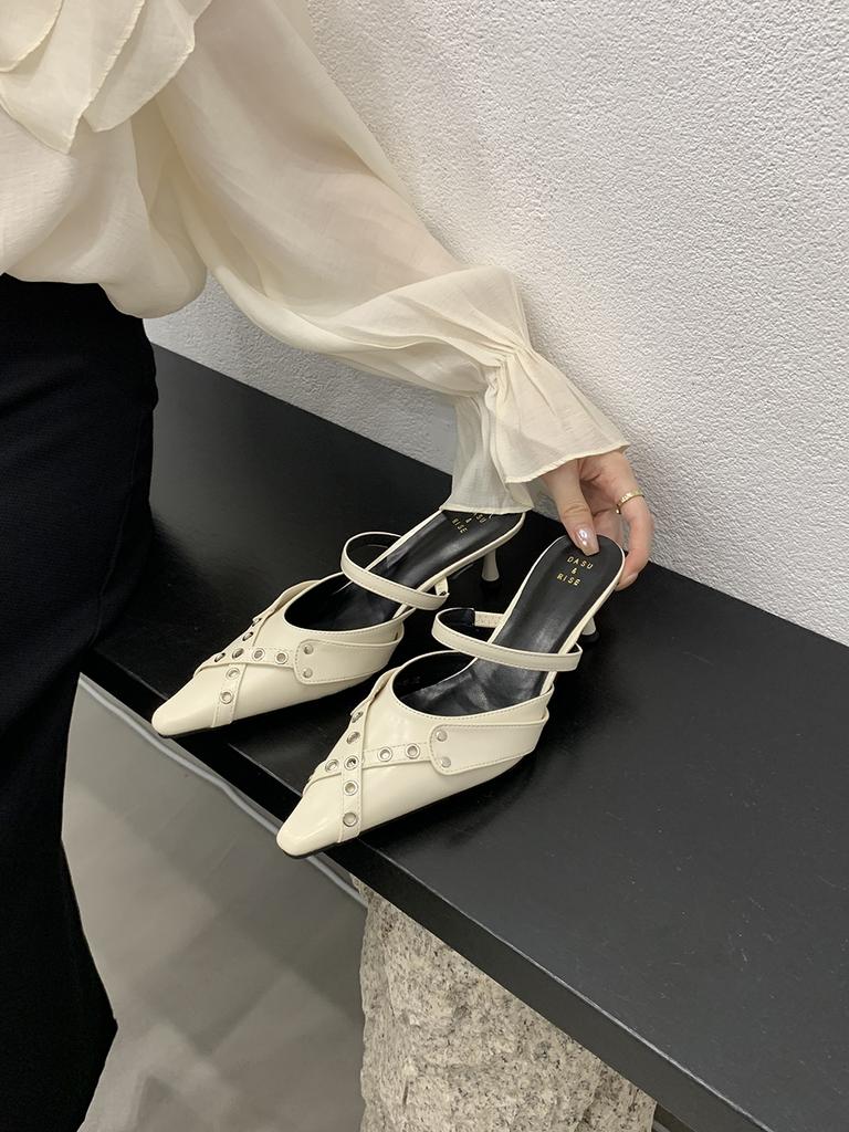 Мода остроносые женские шлепанцы тапочки заклепочный дизайн наружные мюли туфли тонкие высокие каблуки черные белые коричневые повседневные туфли женские 39