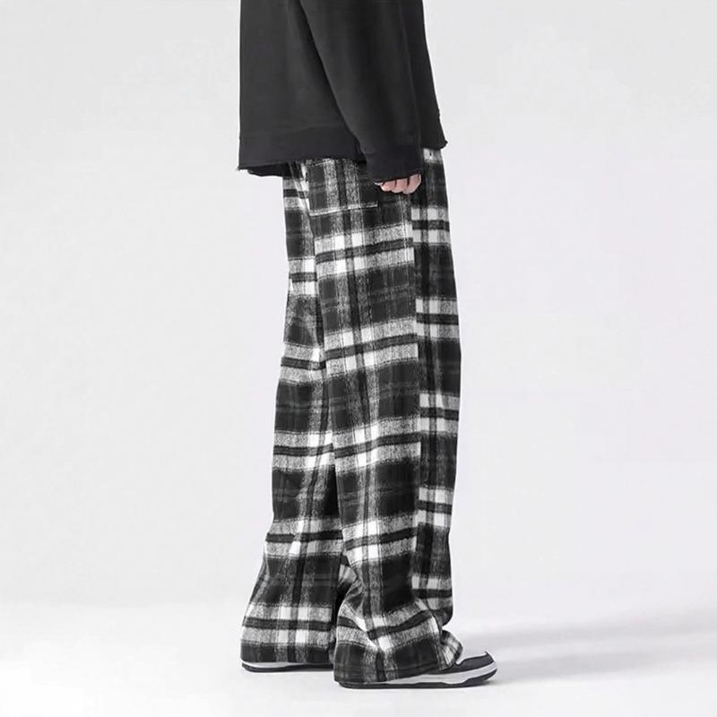Contrasting Color Personalized Plaid Straight-leg Pants Loose and Drape Wide-leg Casual Trousers 1