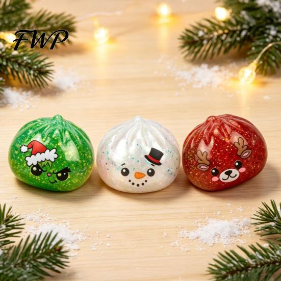Soft TPR Dumpling Toys Christmas Squeeze Toy with Steamer, Stress Relief Steamed Bun Portable Relievers Toy, Cartoon Snowman Reindeer Elf Theme