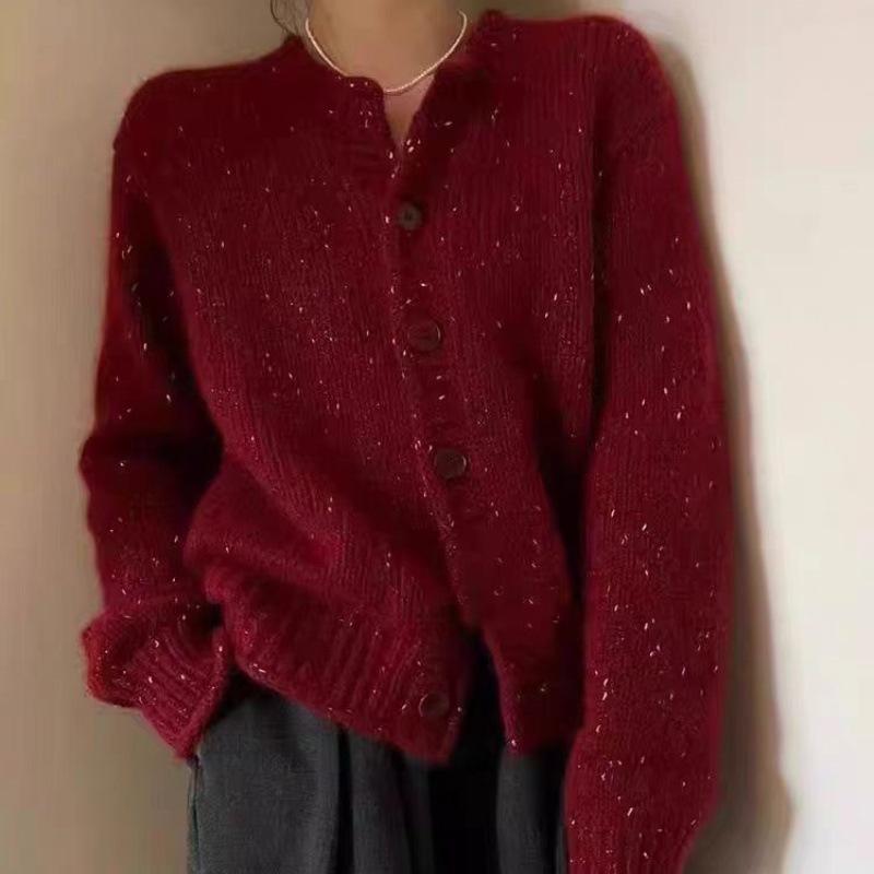 Wool Cardigan Women'S New Year'S Red Round Neck Bright Silk Thickened Knitted Sweater Loose Lazy Wool Sweater Jacket Top