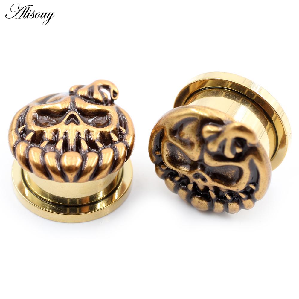 Alisouy 2 шт., нержавеющая сталь, тыква, череп, ушные туннели, заглушки, расширитель, растяжитель, серьги, пирсинг, украшения для тела