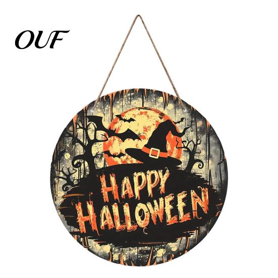 Vintage Style Holiday Sign Halloween Witch Hanging Sign, 8" Round Wooden Door Autumn Forest Porch Wall Decoration Witches Rustic for Home Front Party