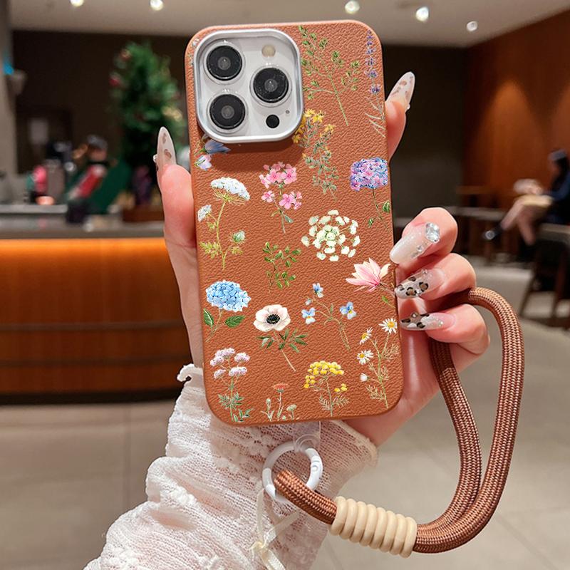 Модный матовый противоударный чехол из ТПУ с цветочным принтом для iPhone 16 Pro Max 15 Pro 14 13 12 11, мягкий ремешок для защиты линз, тонкий кожаный чехол для телефона с текстурой