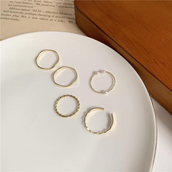 5Pcs Finger Rings Wavy Japan Korean Style Faux Pearls Jewelry Electroplating Stackable Rings Set