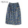 Mori Girl Осень-Весна Женская Джинсовая Юбка Миди Плюс Размер Высокая Талия Ретро Принт Юбка Подсолнух Винтаж Элегантные Дамские Юбки С Разрезом