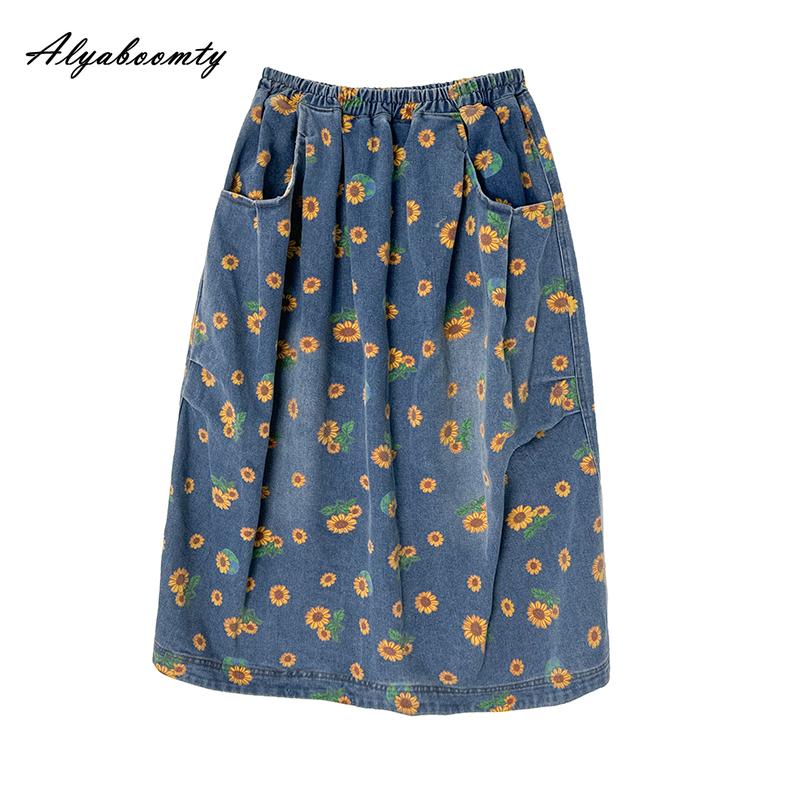 Mori Girl Осень-Весна Женская Джинсовая Юбка Миди Плюс Размер Высокая Талия Ретро Принт Юбка Подсолнух Винтаж Элегантные Дамские Юбки С Разрезом
