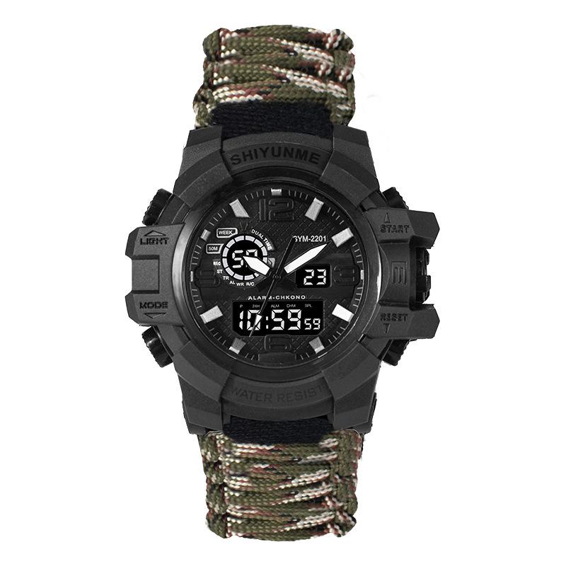 Мужские наручные часы для выживания на открытом воздухе с двойным дисплеем, спасательной веревкой, огнивом, свистком и компасом