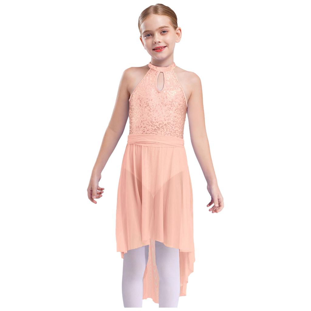 Танцевальное платье для девочек без рукавов с открытой спиной, круглым вырезом, блестящими пайетками, неровным подолом, дизайном вуали