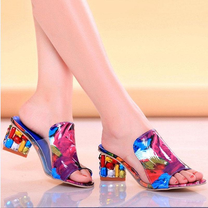 Crystal Sandals Ladies Open Toe Sandals Square Heels Spring Summer Shoes Sandals Women Footwear Sandalia Feminina