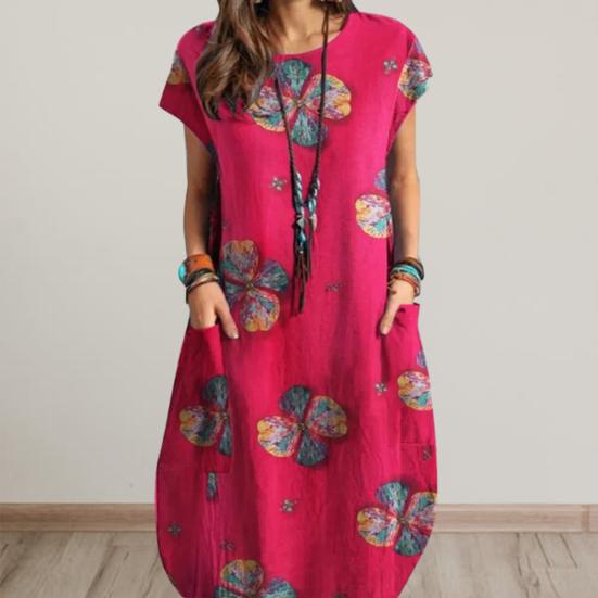 Женское летнее платье с круглым вырезом и короткими рукавами, ретро-принт с карманами, свободное тонкое платье, повседневная повседневная одежда