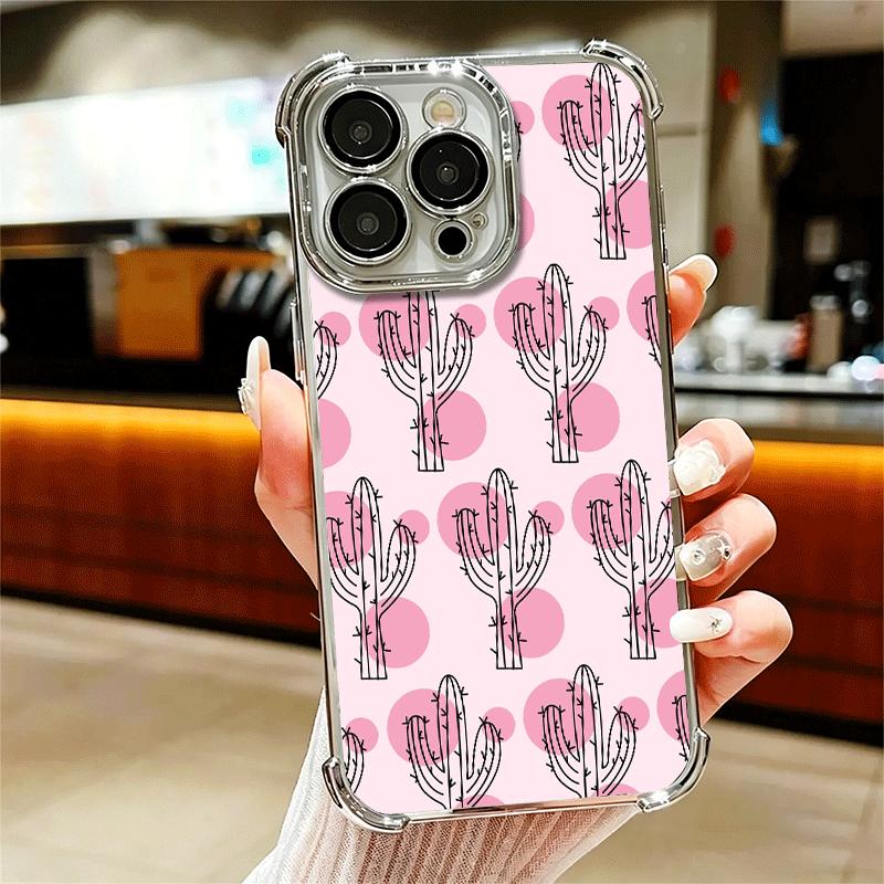 Cactus Pattern Plating Phone Case For Iphone 16 17 Pro Max Air 16E 14 15 Plus 12 13 Mini Anti-Fall Airabag Cover