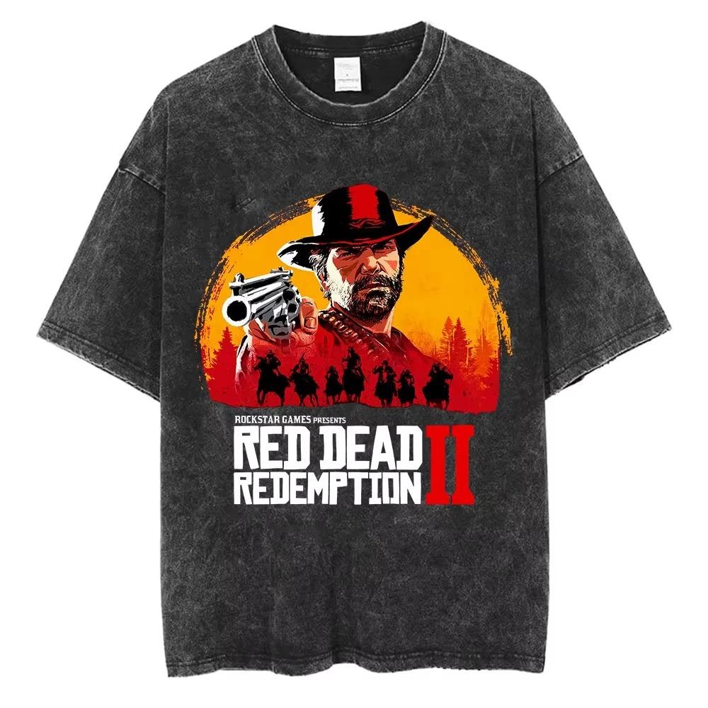 Винтажная футболка оверсайз с коротким рукавом, кислотной стирки, с логотипом Red Dead Redemption 2 и двусторонним графическим принтом Артура Моргана