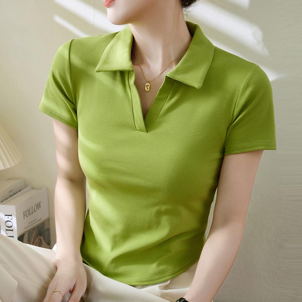 Summer Women's Positive Shoulder Slim Cotton Polo Neck Curved Short Sleeve T-Shirt