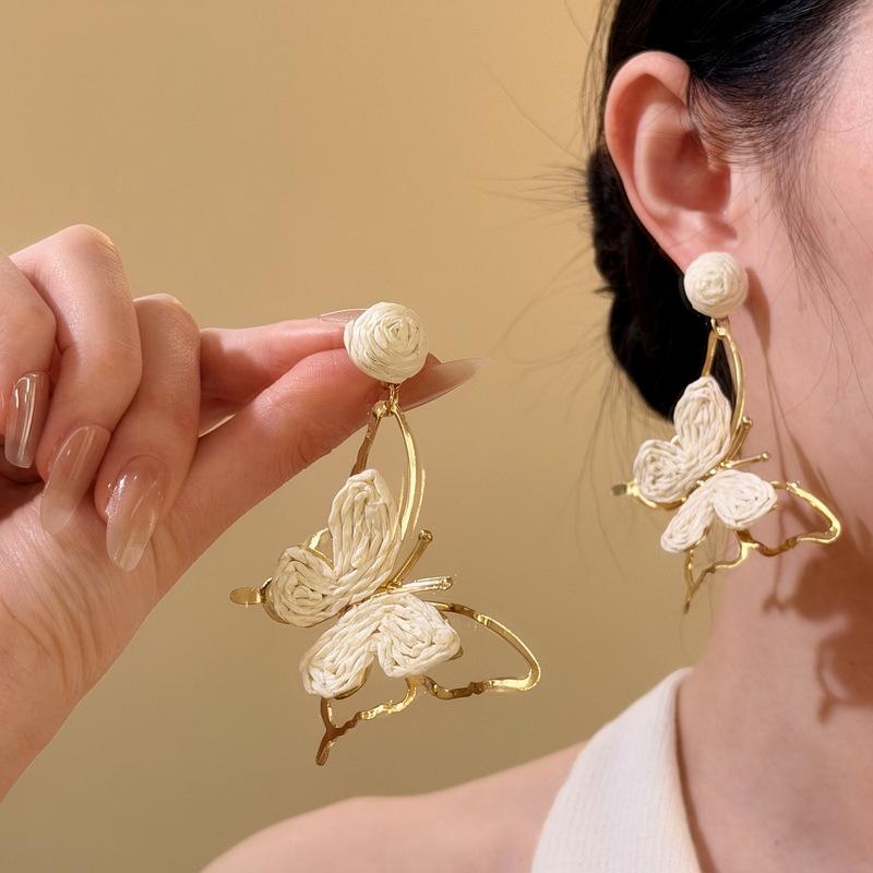 Silver needle raffia butterfly pendant earrings holiday style fresh and sweet temperament earrings niche high-end earrings women