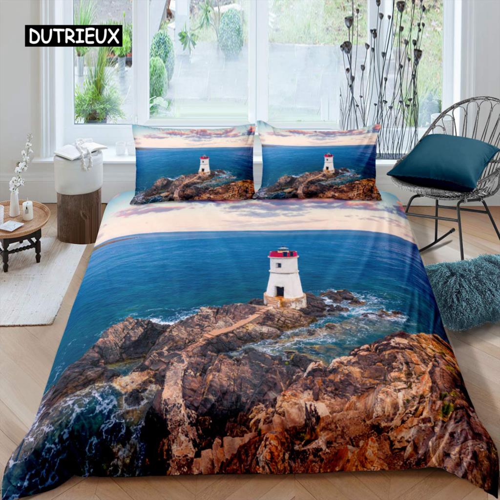Комплект постельного белья Lighthouse с изображением морского серфинга и океанской волны, комплект постельного белья Queen из полиэстера с прибрежной тематикой, пододеяльник для детей и мальчиков