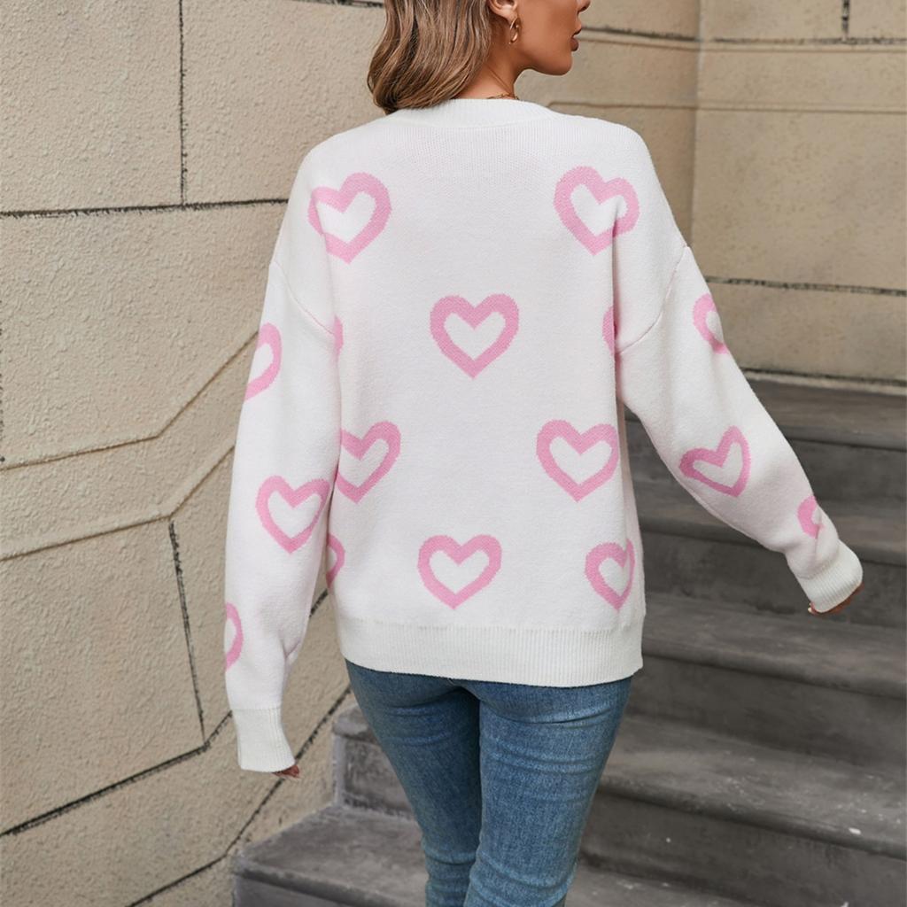 Женский свободный повседневный модный свитер с круглым вырезом и сердечком, вязаный свитер-рубашка