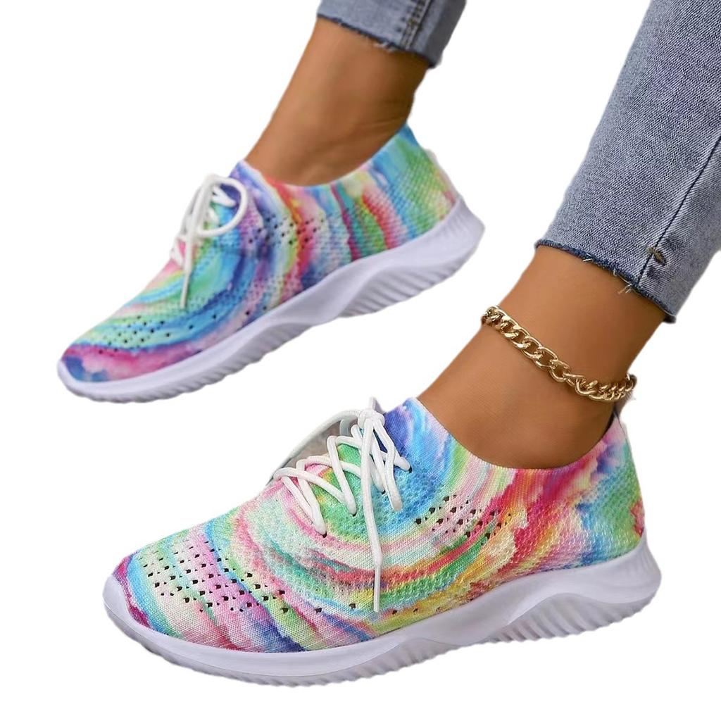 Женская повседневная обувь с сеткой Flyknit, новая спортивная обувь большого размера на толстой подошве с цветными блоками и круглым носком на шнуровке