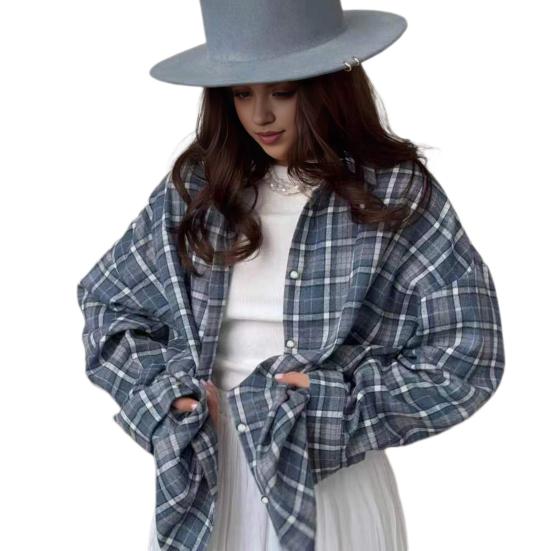 Женская рубашка с длинным рукавом, клетчатым принтом, свободным кроем, карманом-клапаном, планкой на пуговицах, рубашка средней длины