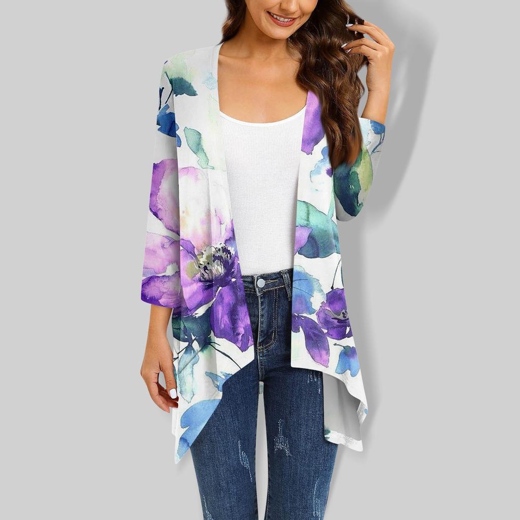 Women's Floral Print Irregular Three-quarter Sleeve Cardigan With Pocket Jacket