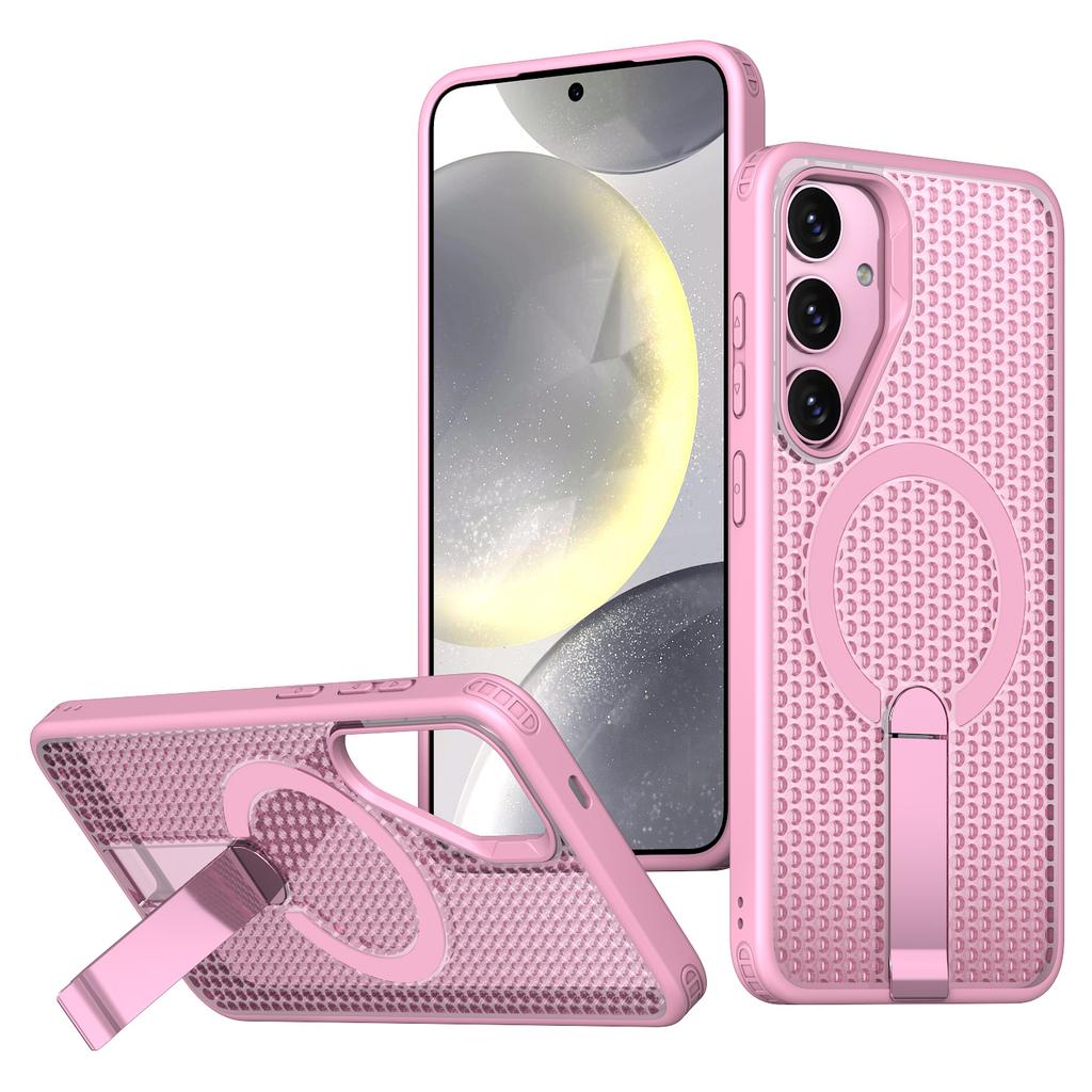 For Samsung Galaxy S25 Magnetic Case Kickstand Grid Texture TPU PC Phone Back Cover