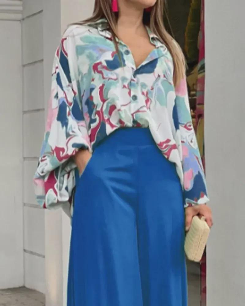 2024 Summer Women's Casual Printed Shirt & Wide-Leg Pants Set - Loose Fit, Large Size, European & American Style