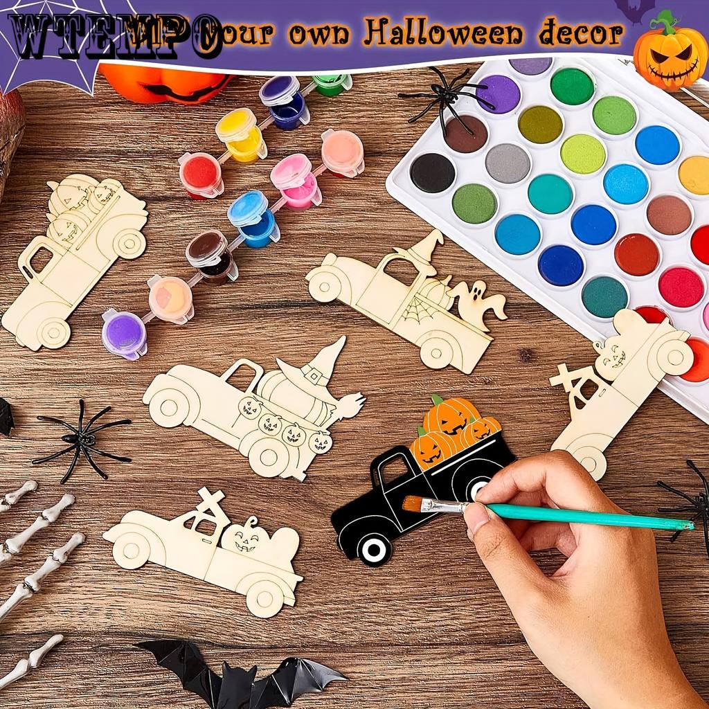 32pcs Halloween Wooden Craft Set - Unpainted Pumpkin & Truck Cutouts for DIY Art, Carved Tags & Hanging Decorations