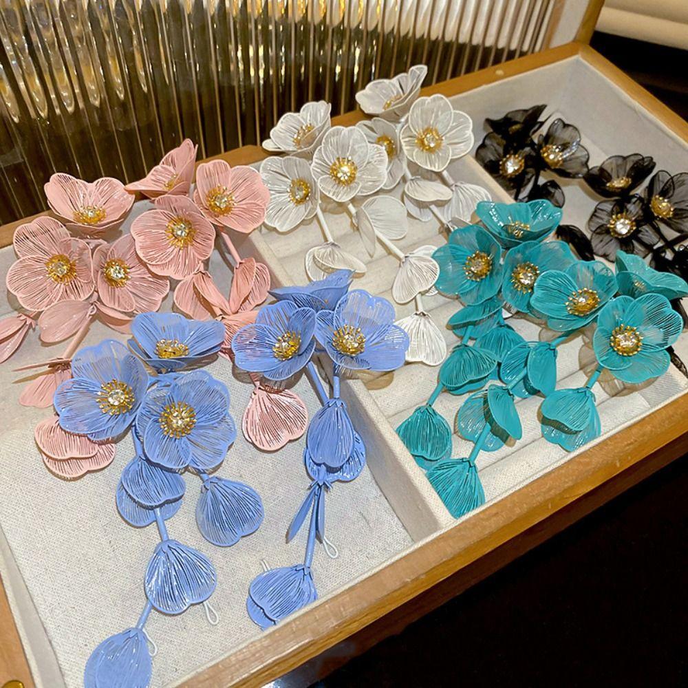 Temperament Women Earrings Light Luxury Stud Earrings Korean Big Flower Long Tassel Earrings Party