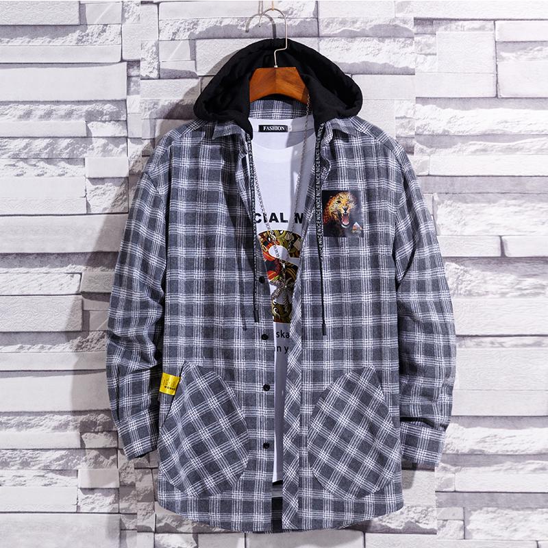 Youth Men's Casual Fashion Plaid Slim Long Sleeve Hoodie Long Sleeve Shirt