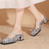 Fashion Silver Block Heels Mary Janes Woman Paillette Mules Shoes Ladies Leather Belt Slippers Med-High Heels Slides Female Pantoufles