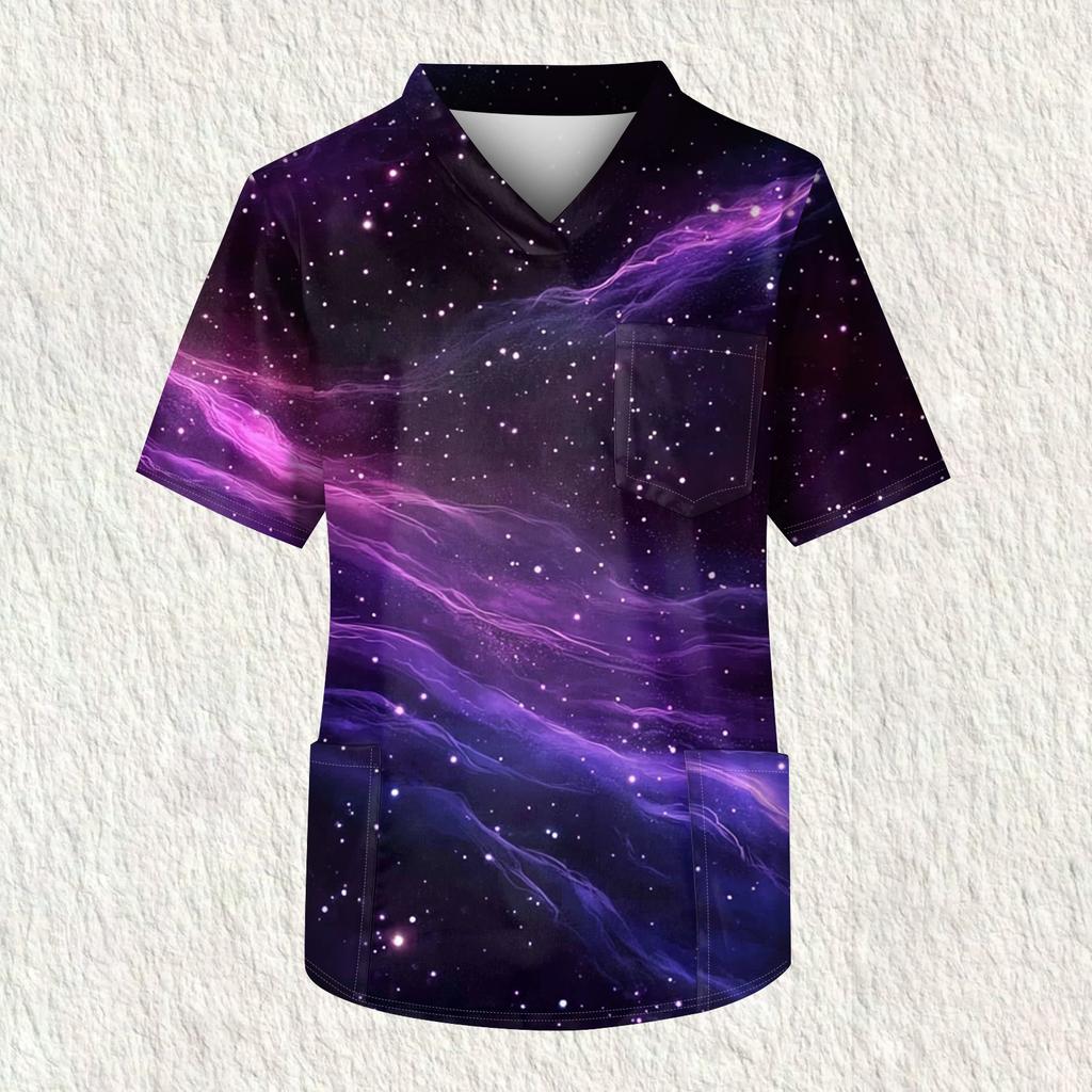 Мужская рабочая блузка с короткими рукавами и v-образным вырезом с принтом, топ с нагрудным карманом