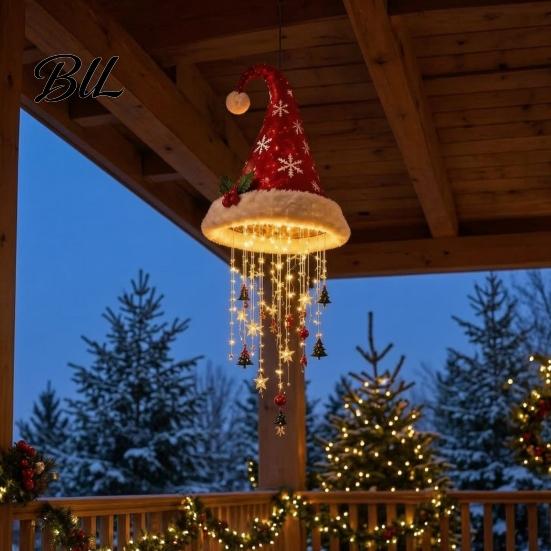 DIY Christmas Ceiling Pendant Light?Up Santa Hat Hanging Chandelier Kit, Warm LED String Lights Outdoor Porch Holiday Decor with Star Tassel, Indoor