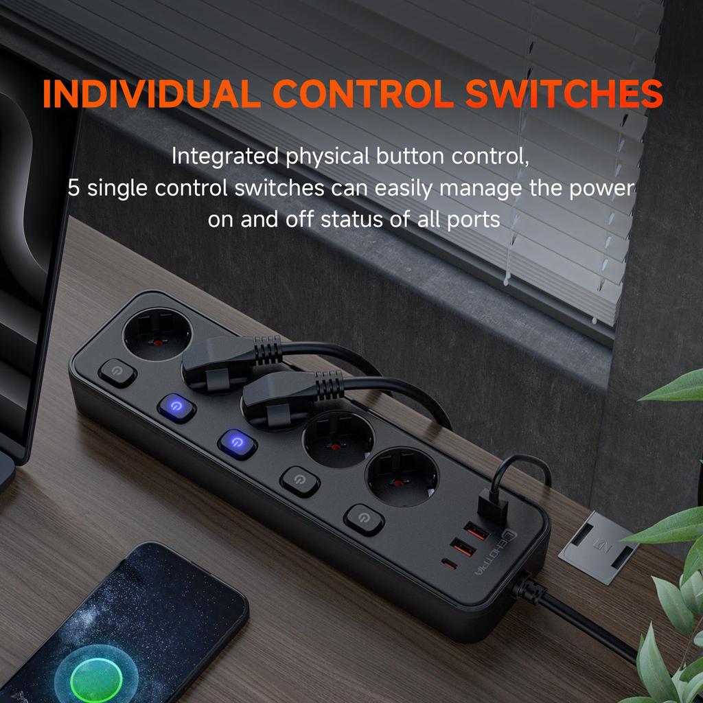 EU AC Plug 1.8M Extension Cord European Standard Independent Switch Multitap Power Strip Network Filter With USB C Ports Charging
