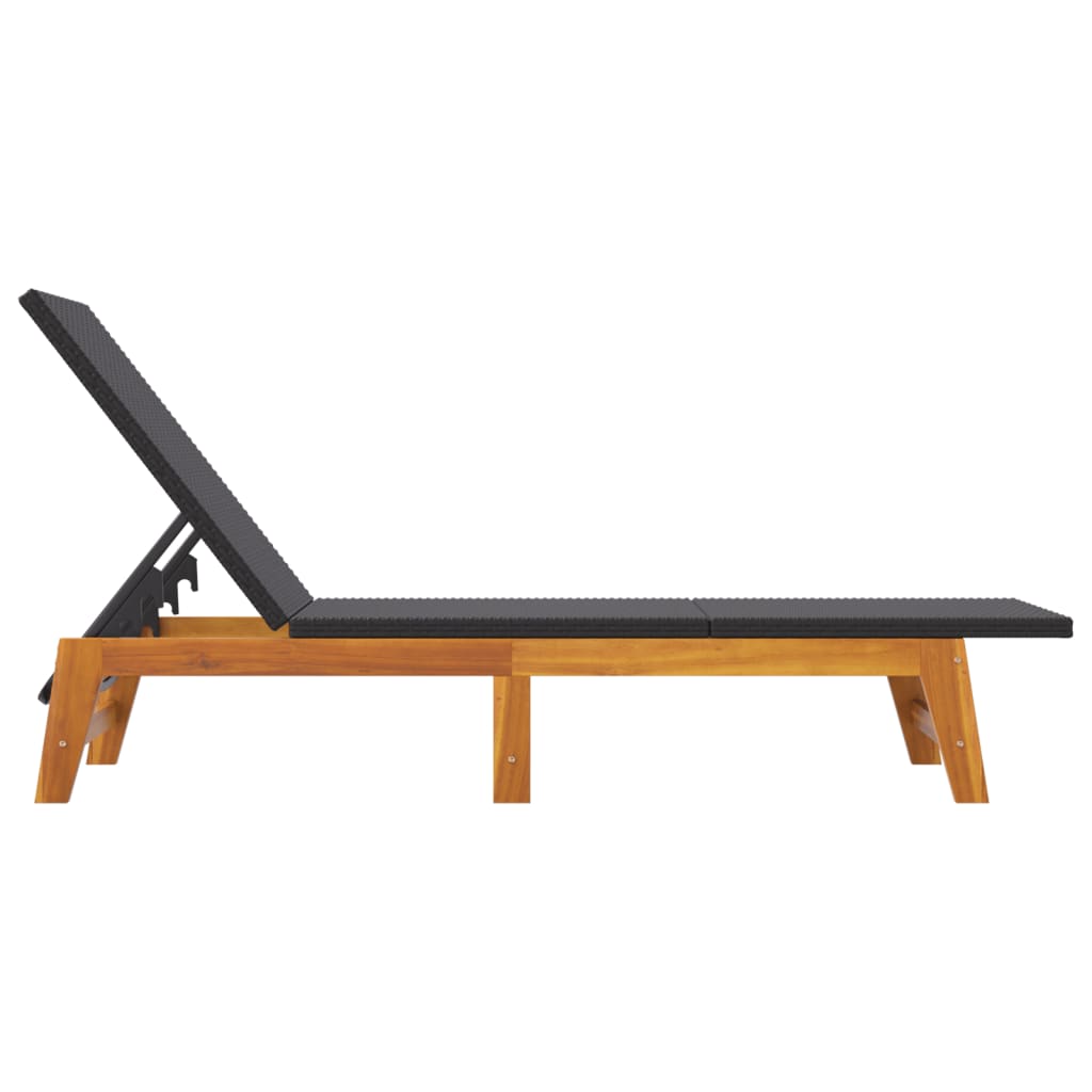 Sun Lounger in Black and Brown Poly Rattan & Solid Acacia Wood