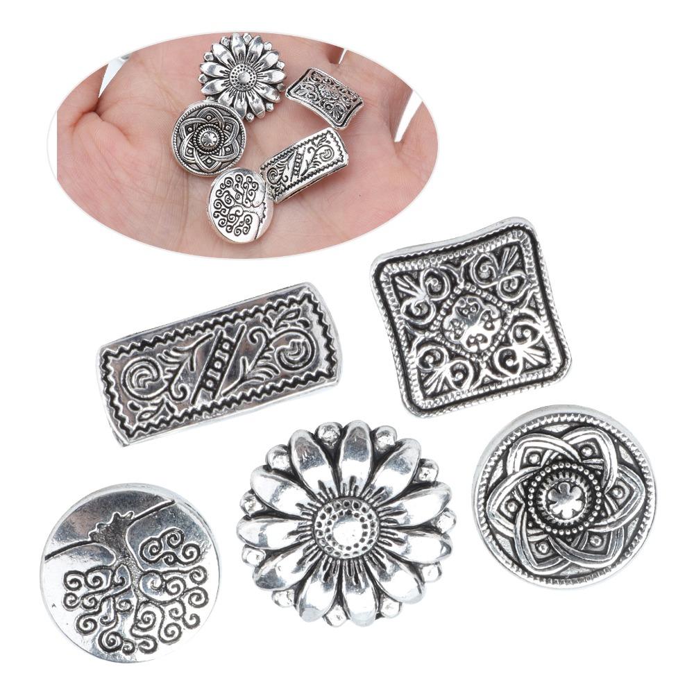 50pcs Antique Silver Flower Buttons Round Shape Engraved Buttons Metal Buttons  For DIY Projects