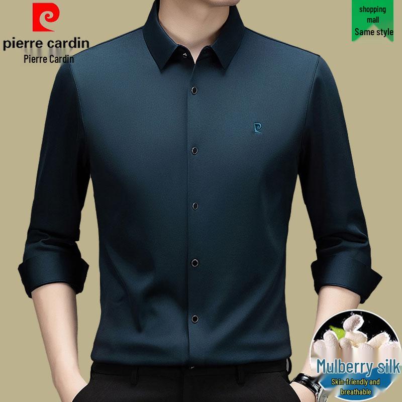 Мужская рубашка Pierre Cardin с длинным рукавом из шелка-тусса (mulberry silk) - Не требует глажки, С начесом, Высококачественный business casual для осени/зимы