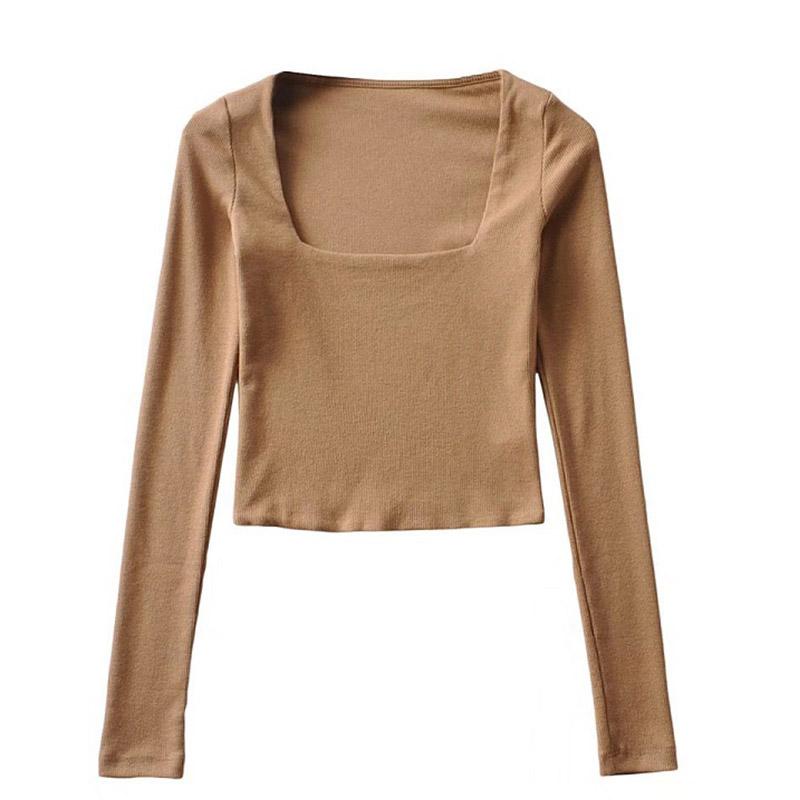 Женский укороченный топ из хлопка в рубчик с квадратным вырезом и длинным рукавом