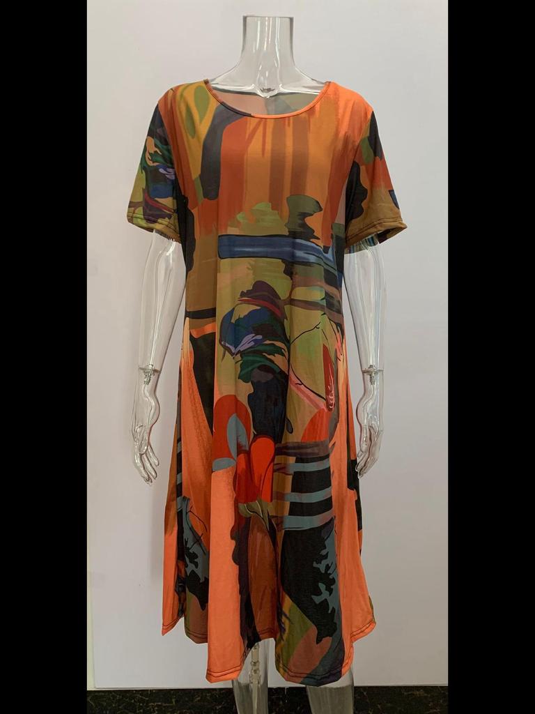 Летнее платье 2023 года в европейском и американском стиле с короткими рукавами и принтом, свободная пляжная макси-юбка