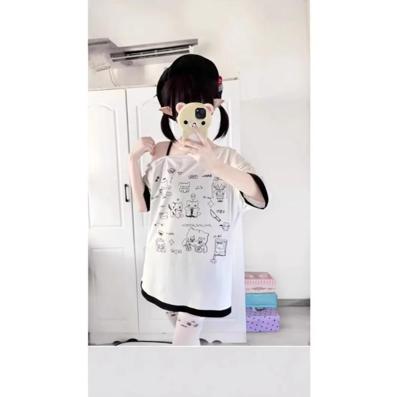 2KWEIRD Y2K Summer Top Off Shoulder Cartoon Print Short Sleeve Loose Versatile Japanese Style for Women