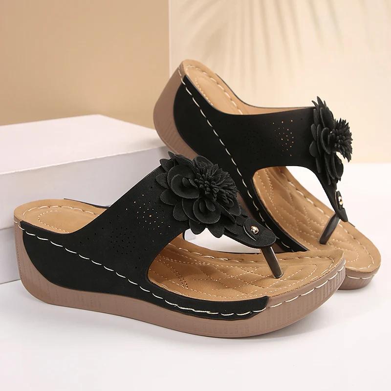 Fashion Big Floral Clip Toe Sandals Women Summer 2025 Comfortable Soft Sole Wedge Heels Slides Woman Casual Plus Size 43 Slippers Mujer