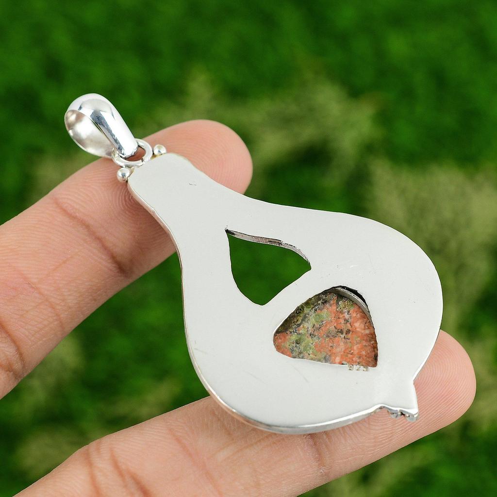 Unakite Gemstone Bezel Trendy Heart Chakra Pendant Jewelry 925 Sterling Silver