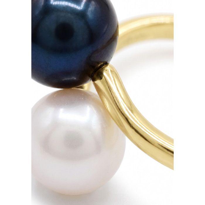 Bague - Pearls & Colors - Perle de Culture d'Eau Douce 7-8 mm Rondes - Perle Blanche & Noire - Or Jaune 375/1000 - Femme