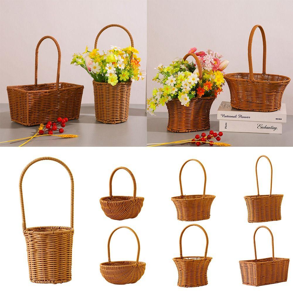 Brown Handhold Weaving Basket with Handle Hanging Basket Creative Flower Basket