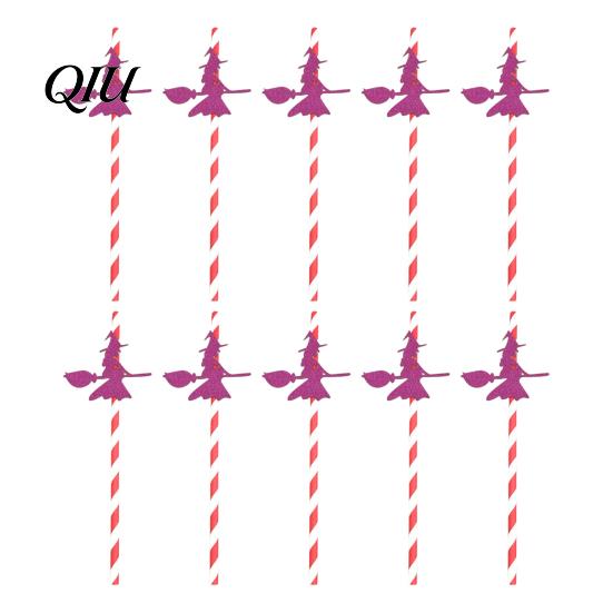 Glitter Decorative Straws 10PCS Disposable Paper Straws, with Halloween Theme Patterns, Odorless Party Photo Props Striped Drinking for