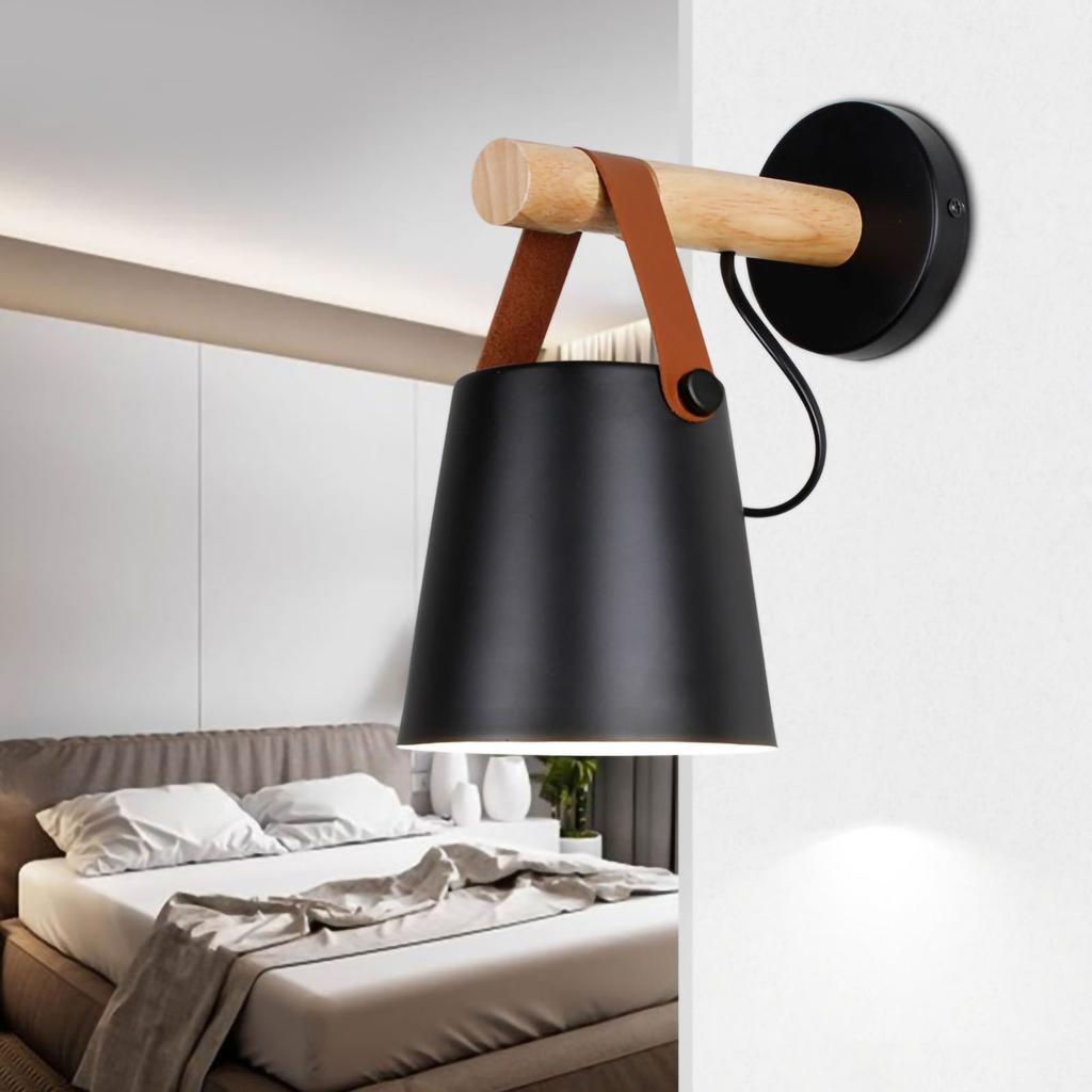 Wall Light Wood Modern Simple Style Night Lamp Home Decoration for Corridor Bedside Black